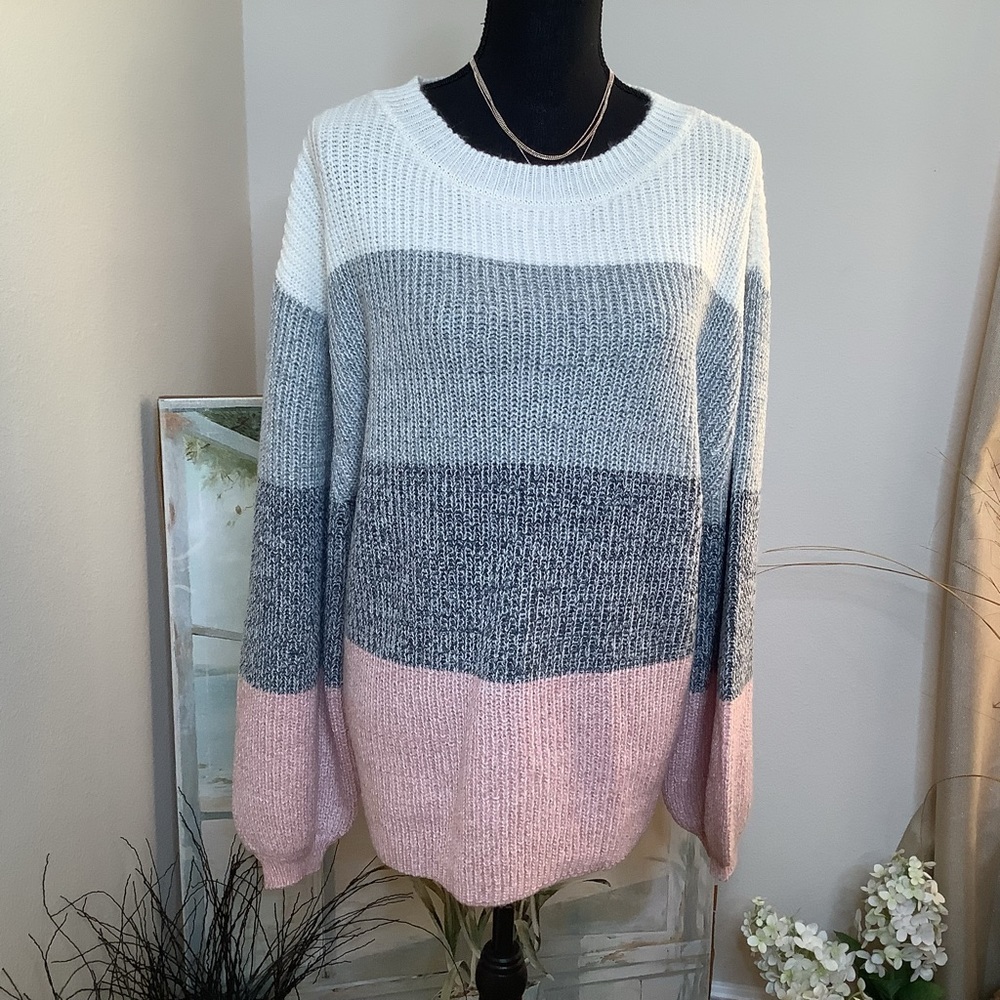 LOWEST PRICE-Pink Lily sweater, soft colors of cream/gray/pink, volume sleeves